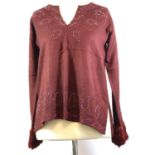 NO LABEL, MAROON 'WOOL' SHIRT With paisley beaded design around collar, hem and 'fur' cuffs, lacks