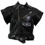 YVES SAINT LAURENT, BLACK LEATHER JACKET With pointed collar, belt along waist, silver zip up