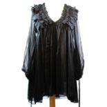 THOMAS WYLDE, BLACK SILK SHIRT With ruffled design along low V neck collar and sheer bishop