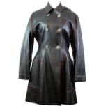 JUNIOR GAULTIER, BLACK LEATHER COAT With red silk lining, red embroidered detail and silver