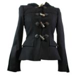 ANTONIO BERARDI, BLACK WOOL COAT With tooth fascinators along centre, hood, slight tailored waist,