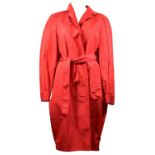 CELINE, RED SILK COAT With two front deep pockets, red silk belt tie and hidden brown buttons (