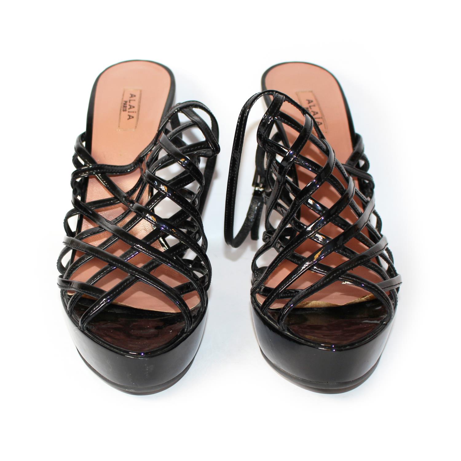 ALAÏA, PATENT LEATHER HEELS With lattice strapwork and tapering heel (size 39). (heel 12cm) A - Image 2 of 5