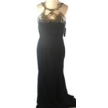 JOVANI, FLOOR LENGTH FABRIC BLACK DRESS With metal chest detail and skinny straps (size 8). A