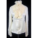 ALEXANDER MCQUEEN, CREAM SILK SHIRT With textured pattern, ruffled lace front and collar and