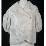 MANOUSH, CREAM VISCOSE JACKET With gold flowers, notch lapel jacket, ruffled mid length sleeves