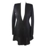 BALENCIAGA, BLACK 'WOOL' COAT With belt strap along middles, diamond cut out design on bottom