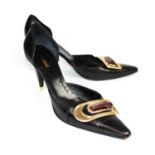 CHLOÉ, BLACK LEATHER HEELS With a pointed toe, golden buckle with an amber inspired gem (size