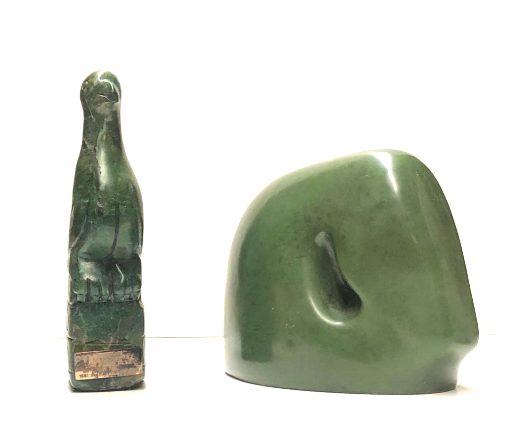TWO GREEN STONE CARVED STATUES South America bird and abstract. (largest 25cm) - Image 2 of 2