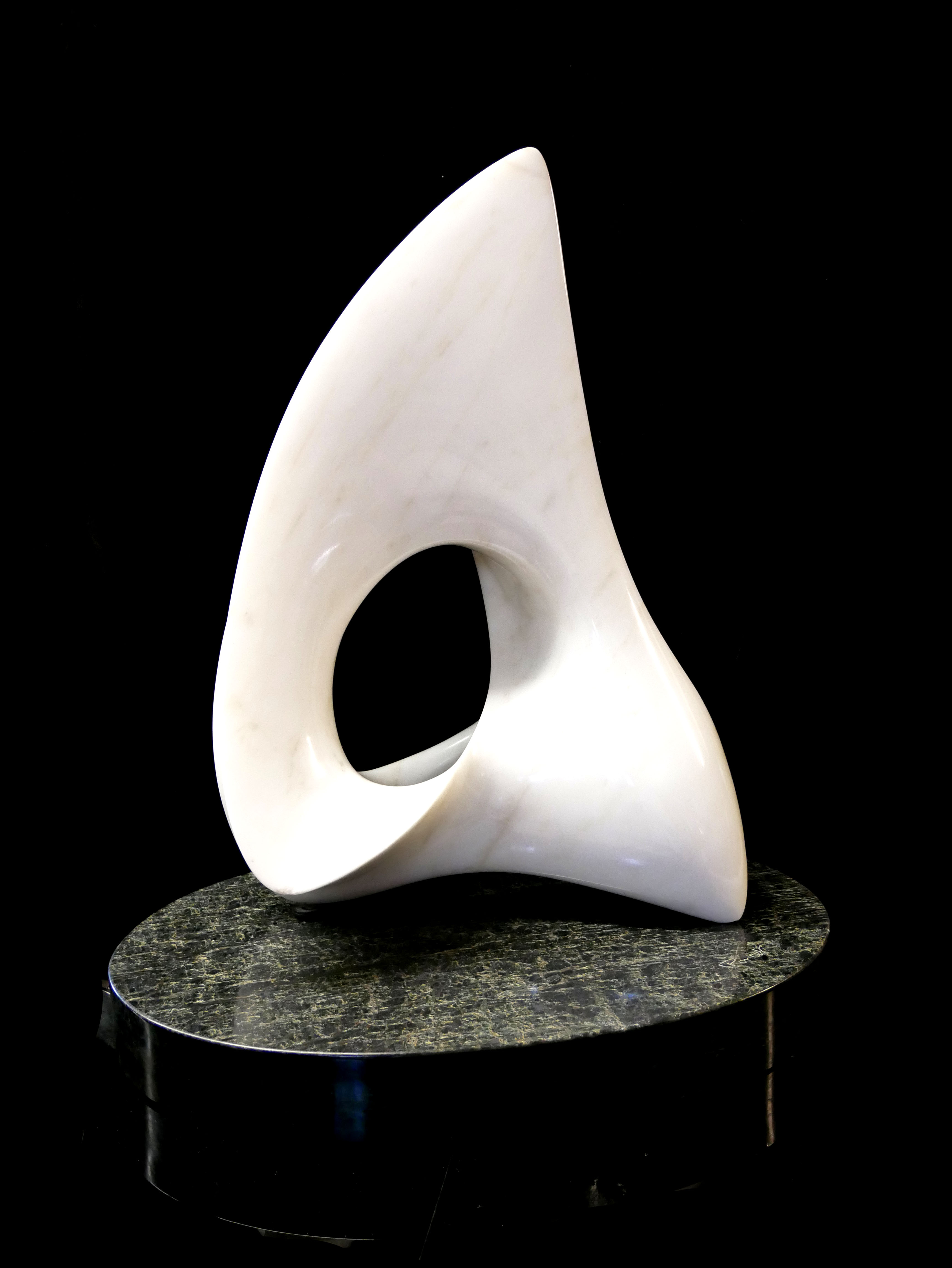 ANTOINE PONCET, B. 1928, SWISS WHITE MARBLE Titled 'Lumineuse 1977', on oval green marble base,