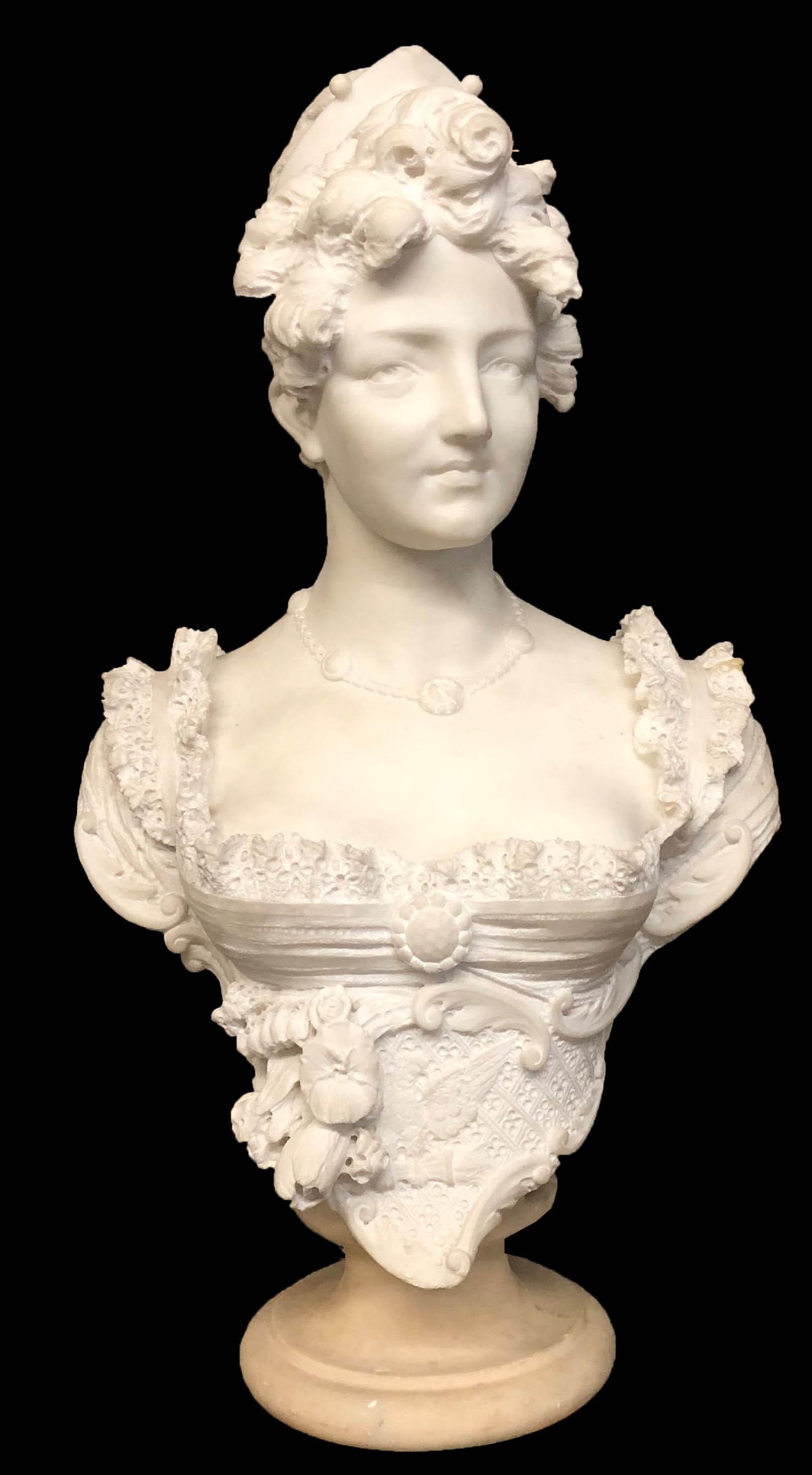 G. GAMBACCIANI FIRENZE, 19TH CENTURY ITALIAN WHITE MARBLE BUST OF A MAIDEN In a finely carved lace