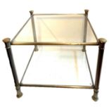 A PAIR OF STEEL AND BRASS TWO TIER GLASS TOP OCCASIONAL LAMP TABLES. (51cm x 63cm x 63cm)