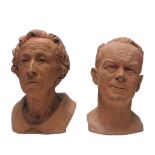 BARBARA TRIBE, FRBS, 1913 - 2000, TWO LIFE SIZE TERRACOTTA PORTRAIT BUSTS. (largest 38cm)