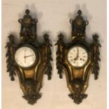 A 19TH CENTURY FRENCH GILT BRONZE CASED CARTEL CLOCK AND BAROMETER SET With acorn finial above