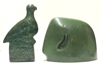 TWO GREEN STONE CARVED STATUES South America bird and abstract. (largest 25cm)