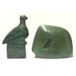 TWO GREEN STONE CARVED STATUES South America bird and abstract. (largest 25cm)