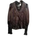 ALEXANDER MCQUEEN, BLACK SILK BLOUSE With ruffled collar (size 42). Condition: B