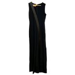 LA MANIA, BLACK SLEEVELESS DEEP V PLUNGE NECK JUMPSUIT With split satin detail on one leg (size 12).