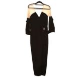 ELISABETTA FRANCHI, BLACK LONG SLEEVE JUMPSUIT With nude sheer shoulder design (size 44). Condition: