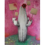 PEARL C. HSIUNG, LARGE OIL ON CANVAS Titled 'Protest', cactus with placards on a pink ground. (