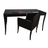 AN EBONISED DRESSING/WRITING TABLE WITH DIAMANTÉ DECORATION With partial leather top above a