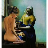 NICHOLAS BARKER, LARGE 20TH CENTURY OIL ON CANVAS Homage to Vermeer's 'The Milkmaid', framed. (