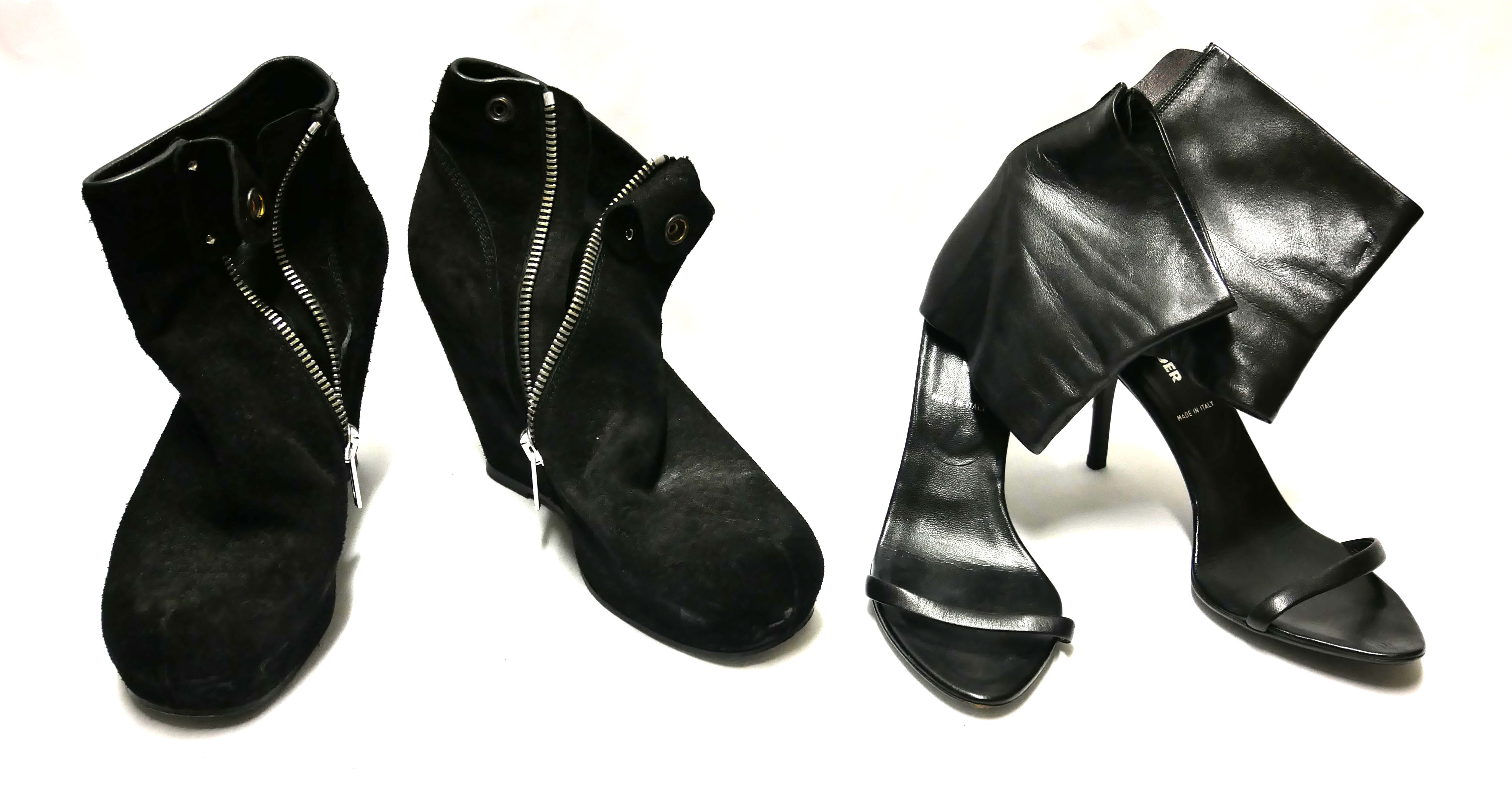 RICK OWENS, A PAIR OF BLACK SUEDE WEDGES Along with J.I.L. Sander, black leather heeled ankle