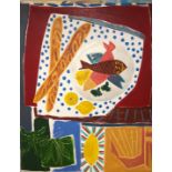 BIDDY BUNZL, B. 1952, OIL ON CANVAS Still life, plate of bread and fish, signed verso 'Biddy Bunzl