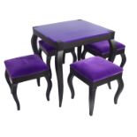 A STYLISH FRENCH DESIGNER TABLE AND FOUR PURPLE VELVET STOOLS Having a square purple perspex top,