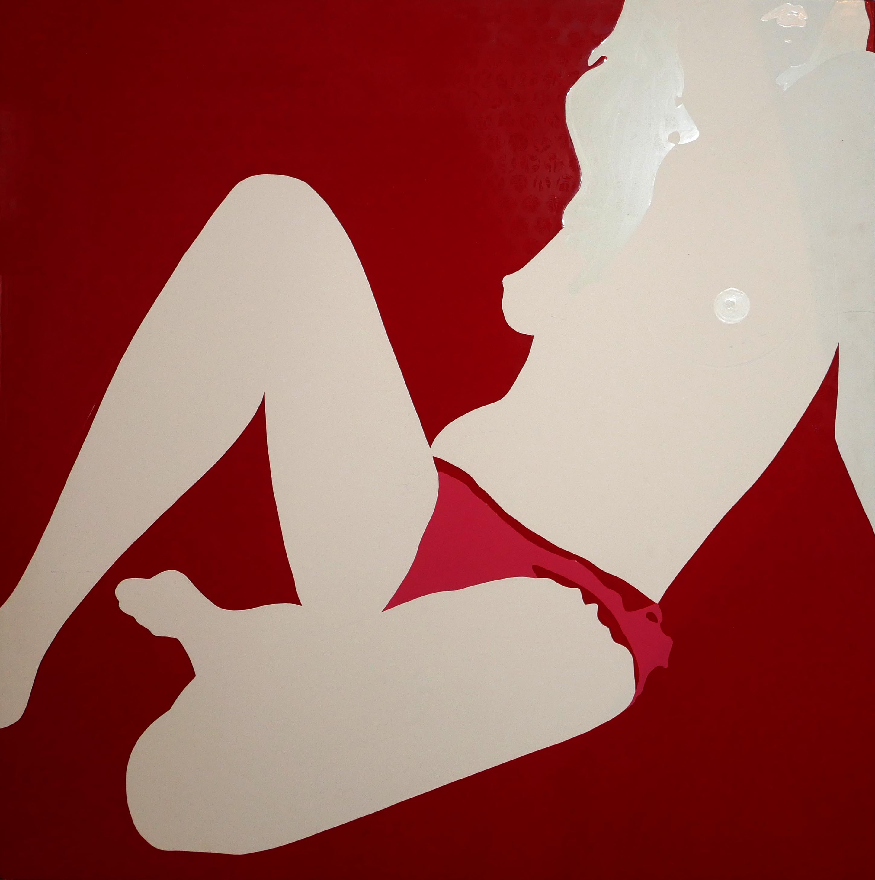 NATASHA LAW, GLASS PAINT ON ALUMINIUM Titled 'Sat in Pink on Red', signed verso. (approx image