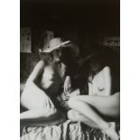 AMANDA ELIASCH, ORIGINAL BLACK AND WHITE PHOTOGRAPH Two partially obscured nude females wearing wide