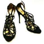 VALENTINO, A PAIR OF BLACK CUT OUT SUEDE PEEP TOE HEELS (size 38). Condition: B