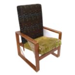 AN ART DECO PERIOD ADJUSTABLE OPEN ARMCHAIR The oak frame cornered with perspex, upholstered in a