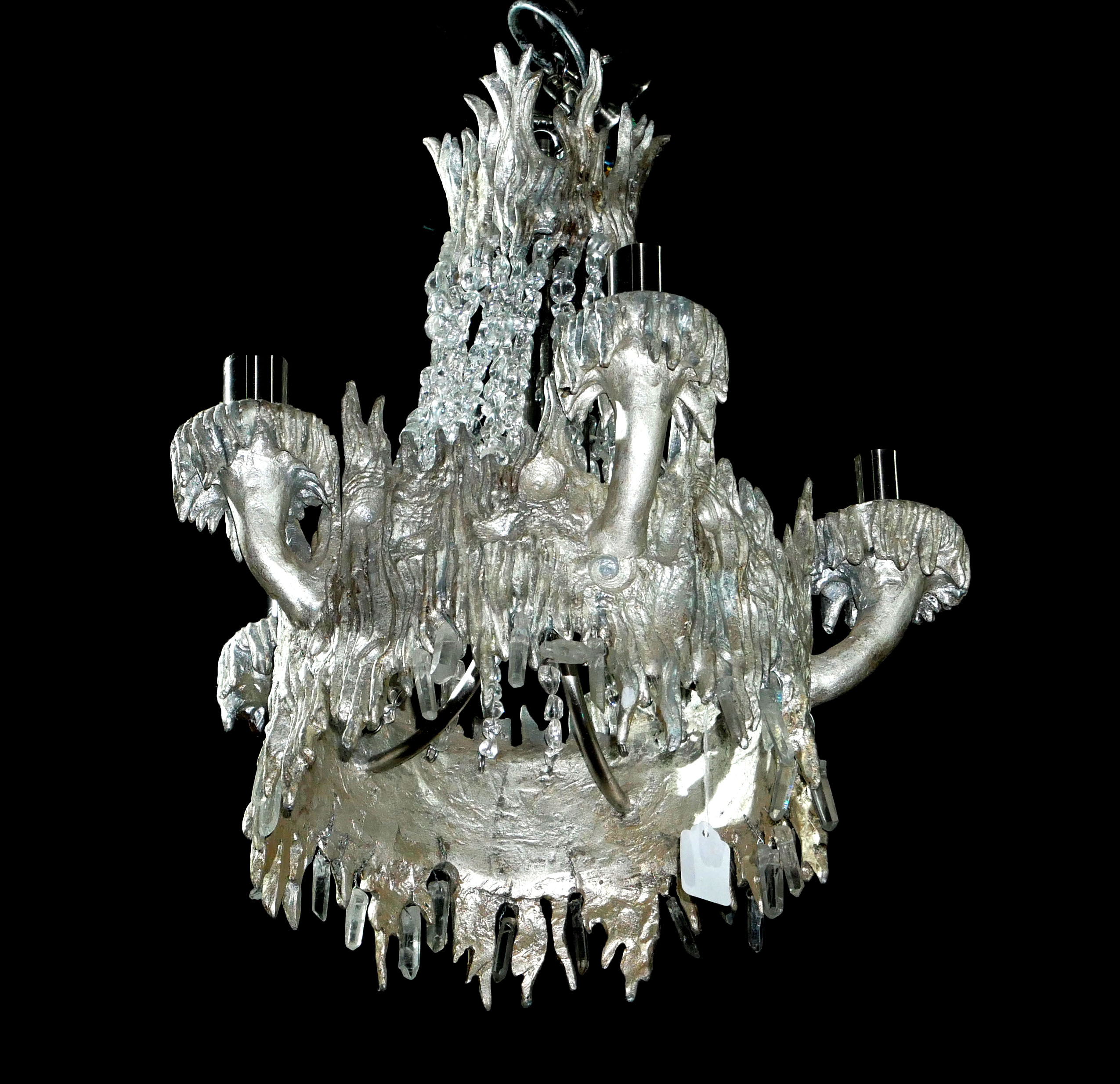 ORIEL HARDWOOD, A SILVERED COMPOSITE AND GLASS FIVE BRANCH CHANDELIER. (60cm)