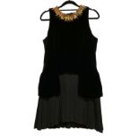 ALEXANDER MCQUEEN, BLACK VELVET GOLD COLLAR PLEATED DRESS Adorned with jewels (size S). Condition: A