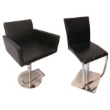 A BLACK LEATHER UPHOLSTERED SALON CHAIR On polished chrome revolving base, along with another. (55cm