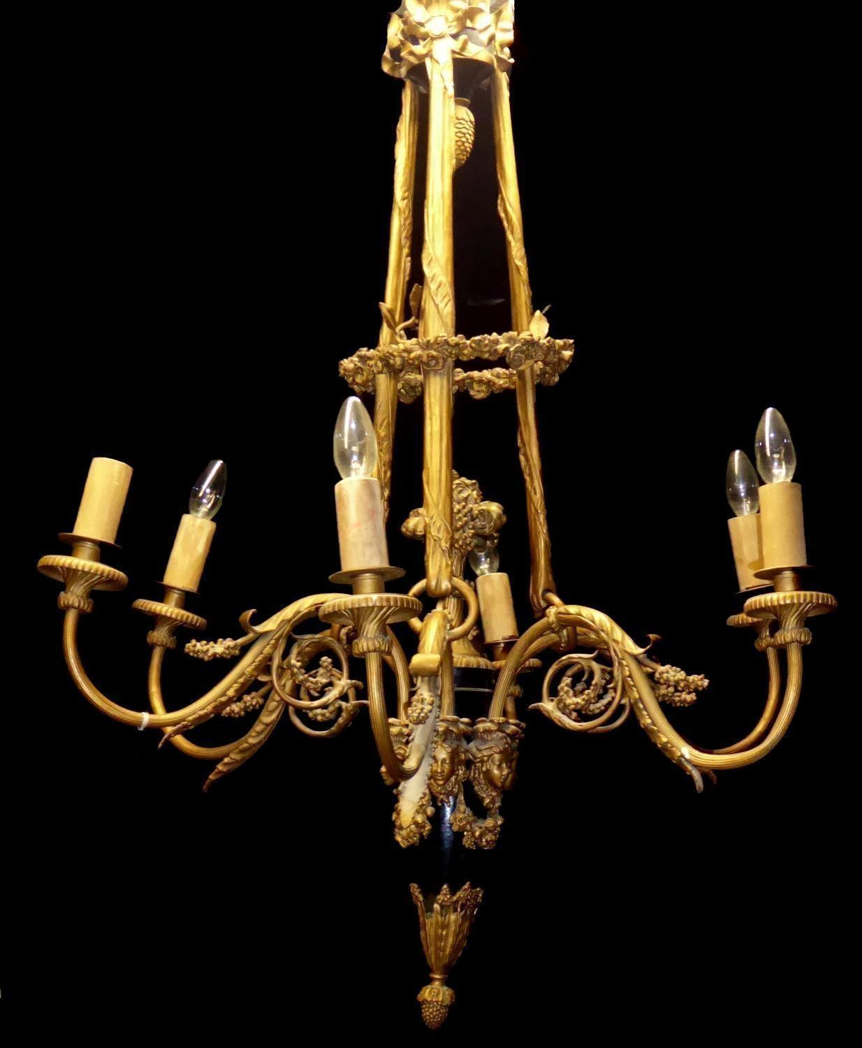 A 20TH CENTURY BRONZE SIX BRANCH CHANDELIER With pineapple finial, grape vines, foliage over - Image 2 of 4