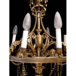 A LARGE DECORATIVE 19TH CENTURY FRENCH GILT BRONZE NEOCLASSICAL CHANDELIER Decorated with acanthus