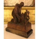 A 19TH CENTURY CARVED WOOD FIGURE, THE PARABLE OF THE LOST SHEEP. (h 24cm x w 22cm x d 11cm)