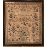 A 19TH CENTURY NEEDLEWORK SAMPLER, JOYCE PULMAN AGED, 10 YEARS, 1838 Framed and glazed. (40cm x