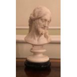 A WHITE MARBLE DESK BUST, CHRIST On hardwood stand. (33cm)