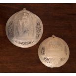 TWO FINELY CARVED MOTHER OF PEARL PLAQUES Religious scenes, one signed 'D&A BETLEM'. (largest 17cm)