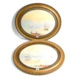 A PAIR OF 19TH CENTURY OVAL MARINE WATERCOLOURS With fishing boats and figures, in carved gilt