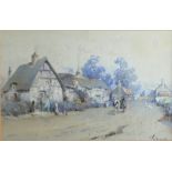 J. TIM MCDONALD, 1889 - 1923, WATERCOLOUR Landscape, thatched cottages with horse and cart, signed