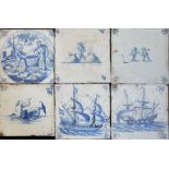 A COLLECTION SIX OF 18TH CENTURY DUTCH BLUE AND WHITE TILES One decorated with an elephant. (12.