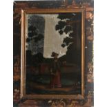 AN 18TH/19TH CENTURY CHINESE REVERSE GLASS PAINTED MIRROR With gilt decoration on black ground