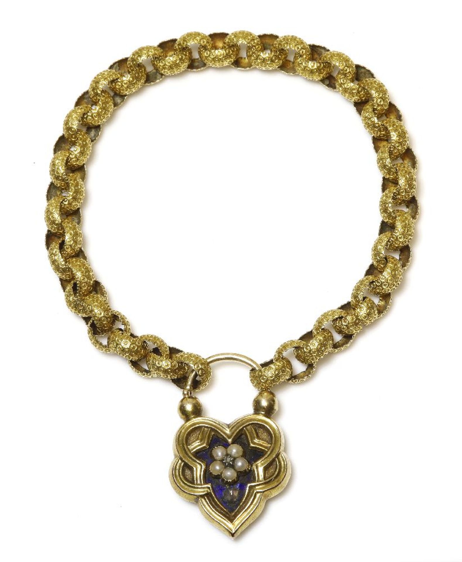 A cased gold belcher chain, with an enamel, diamond and seed pearl padlock clasp, a raised impressed - Bild 2 aus 2