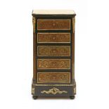 A Louis XVI red boulle and ebonised narrow chest,the dished white marble top over five drawers