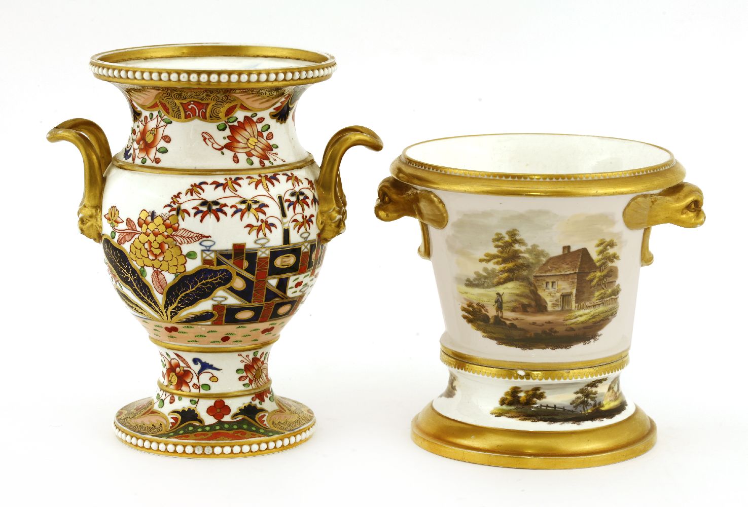 A Spode baluster vase,1805-1833, the gilt loop handles with mask terminals over a pedestal base,