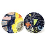 Jean Paul Landeau,two pottery wall plates with painted and sgraffito decoration, in the manner of